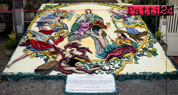 TERME VIGLIATORE – Particolare infiorata artistica di Umberto Cipriano, allestita su scalinata del paese in occasione della festa patronale.